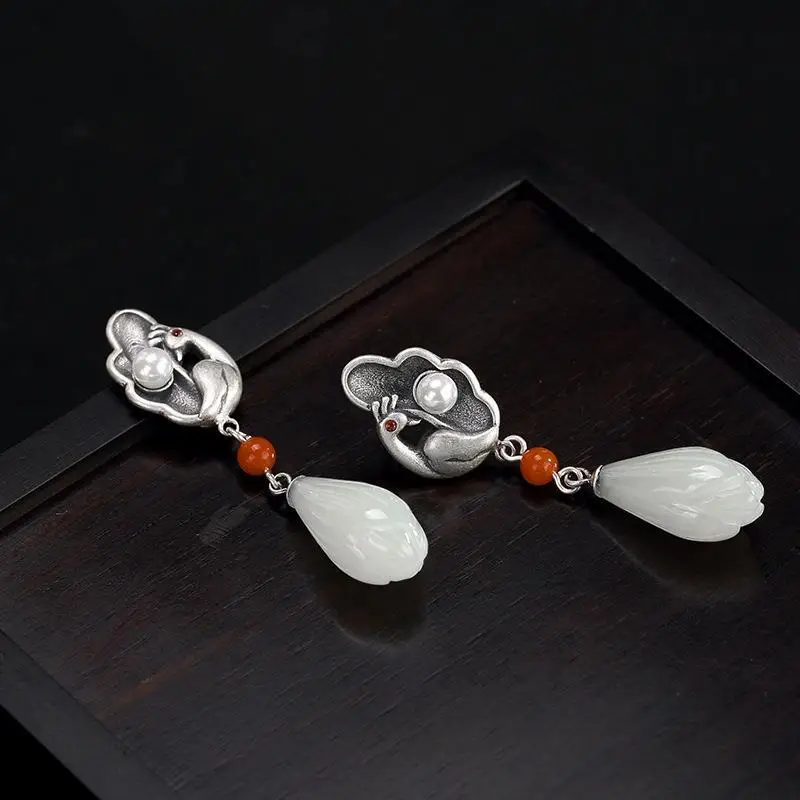 

Original Design Natural Hetian Jade Magnolia Phoenix Pearl Earrings Chinese Retro Elegant Light Luxury Women's Silver Jewelry