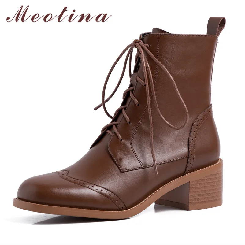

Meotina Winter Ankle Boots Women Natural Genuine Leather Chunky Heel Short Boots Zipper Round Toe Shoes Ladies Autumn Size 34-39