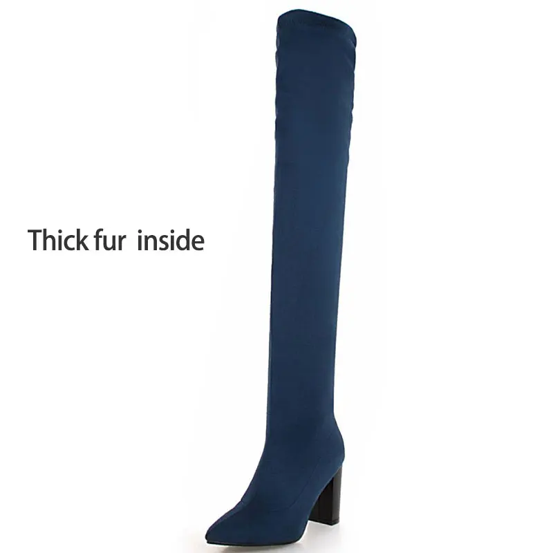 Plus Fur Blue Lsewilly Зимние Сапоги выше колена в западном стиле; женские осенние сапоги с острым носком на высоком квадратном каблуке; пикантные сапоги с леопардовым принтом - Цвет: Plus Fur Blue