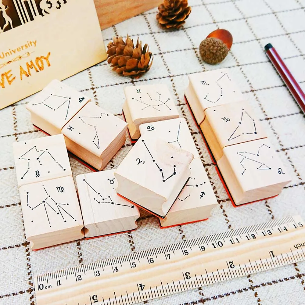 

Lychee Life Vintage Wooden Stamp Twelve Constellations Stamps DIY Album Cards Scrapbooking Crafts Decoration