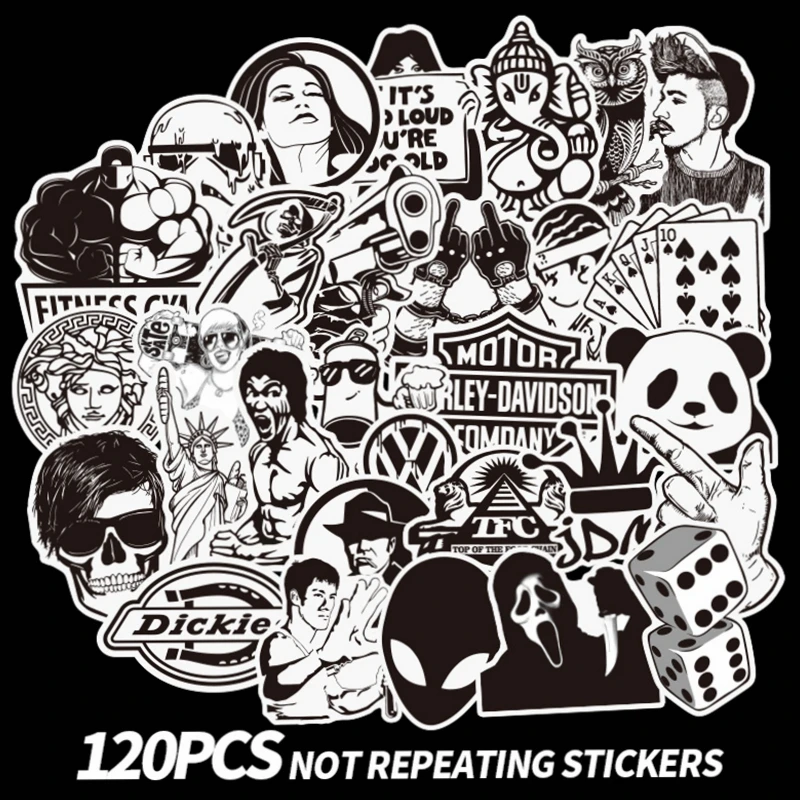 

120PCS Retro Black and White Stickers Cool DIY Graffiti Stickers to Car Skateboard Laptop Luggage Fridge Phone Guitar Instrument