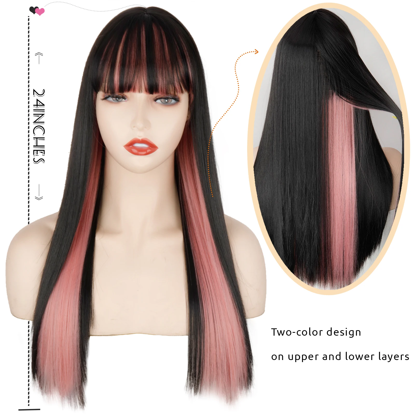 Synthetic Hair Pink and Black Wig Two layers of Wigs Long Straight hair Cosplay Wig Two Tone Ombre Color Women Wigs Lolita Wig