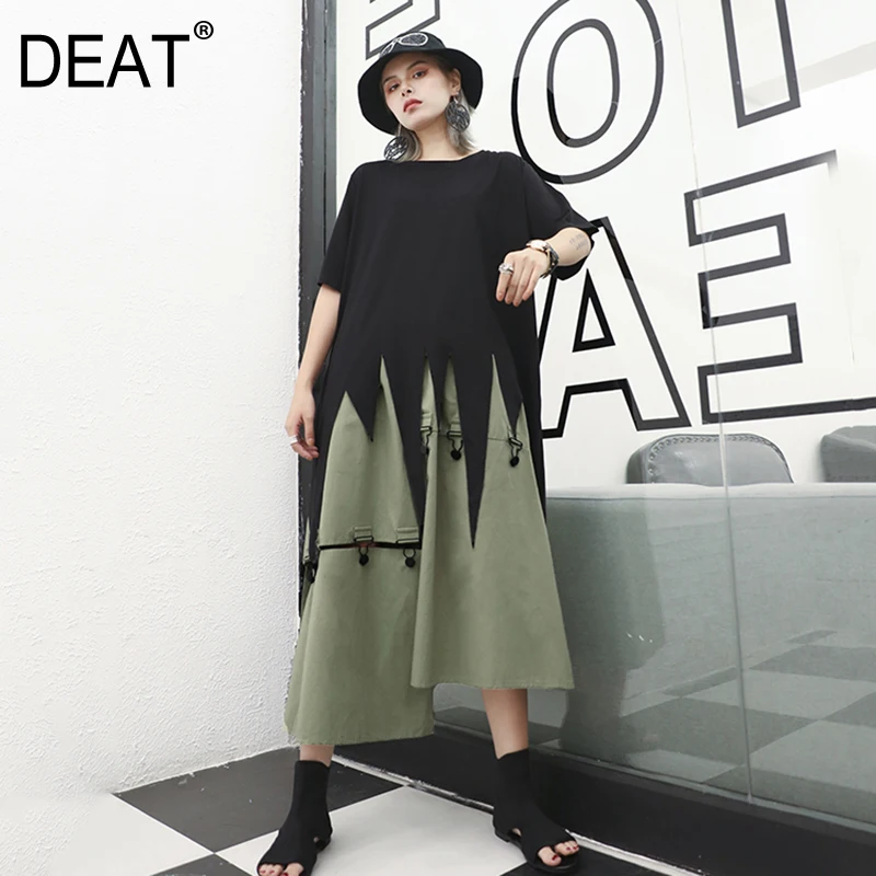 

[DEAT] 2019 New Summer High Elastic Waist Metal Decoration Pockets Side Split Irregular Half-body Skirt Women Fashion Tide JY42