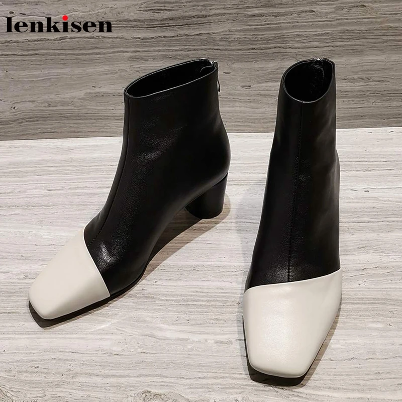 

Lenkisen concise style mixed colors genuine leather square toe high heels Zipper women winter warm daily wear ankle boots L77