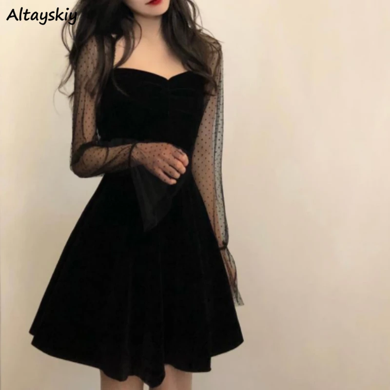 Dresses Womens Summer Vintage A-Line Solid Mesh Flare Sleeve Knee Length Square Collar Elegant Feminine Sexy Chic Women 2020 New business casual women