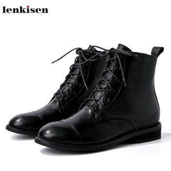 

Lenkisen big size British simple style genuine leather round toe low heels lace up winter casual keep warm women ankle boots L20