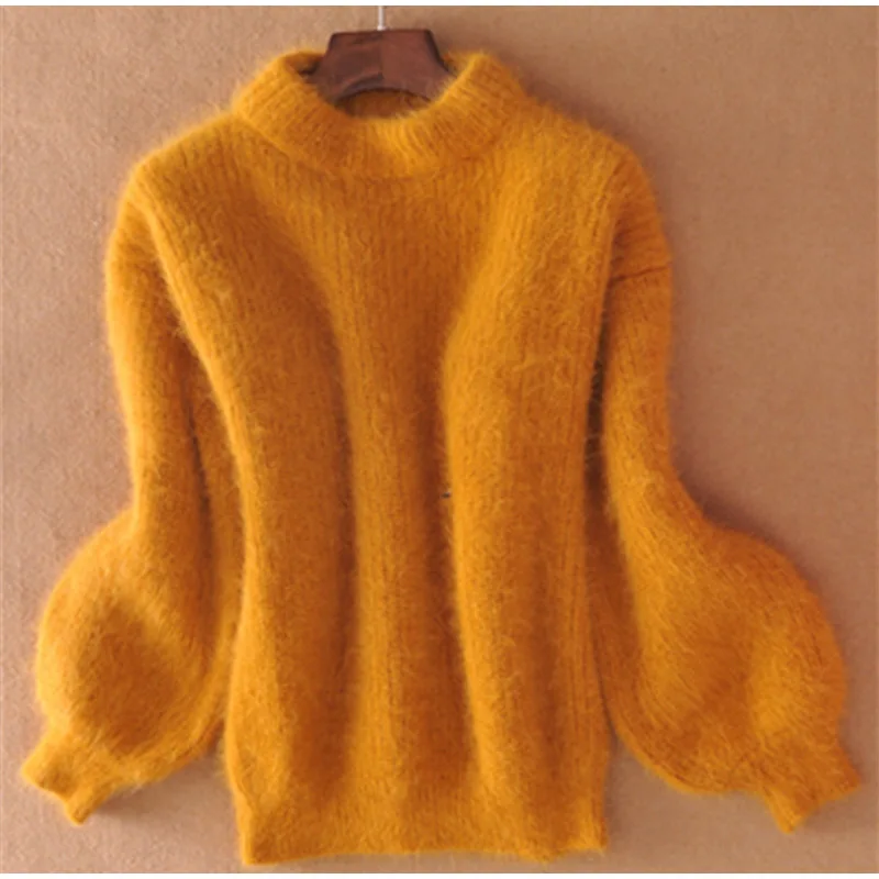 Осенне-зимний женский свитер, утолщенная теплая водолазка, женские свитера с рукавами-фонариками, повседневные однотонные простые женские пуловеры, топы