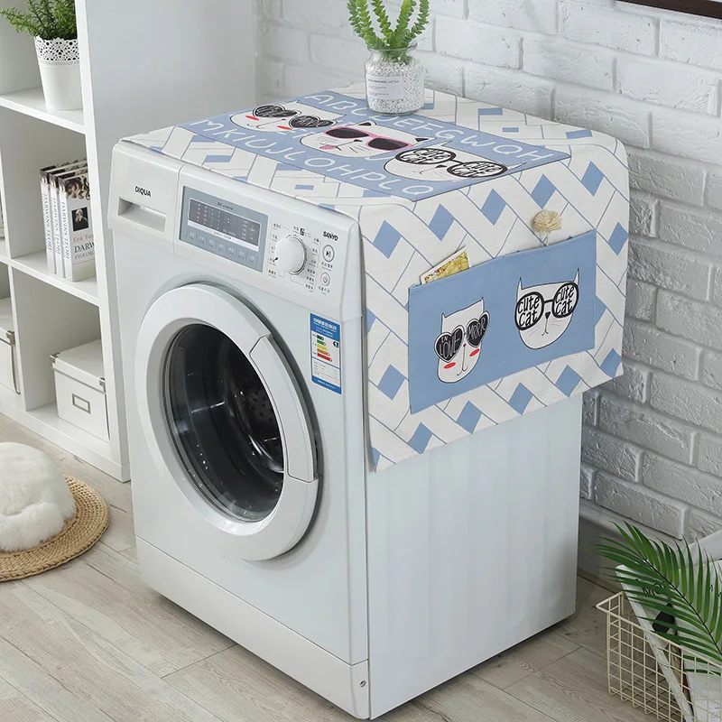

Cartoon Cat Washing Machine Cover Refrigerator Cover Dustproof Waterproof Cover Cotton Linen Bedside Table Cover Towel Microwave