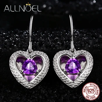 

ALLNOEL Solid 925 Sterling Silver Drop Earrings for Women Heart-shaped Natural Amethyst Classic Fine Jewelry Wedding Gift Hot