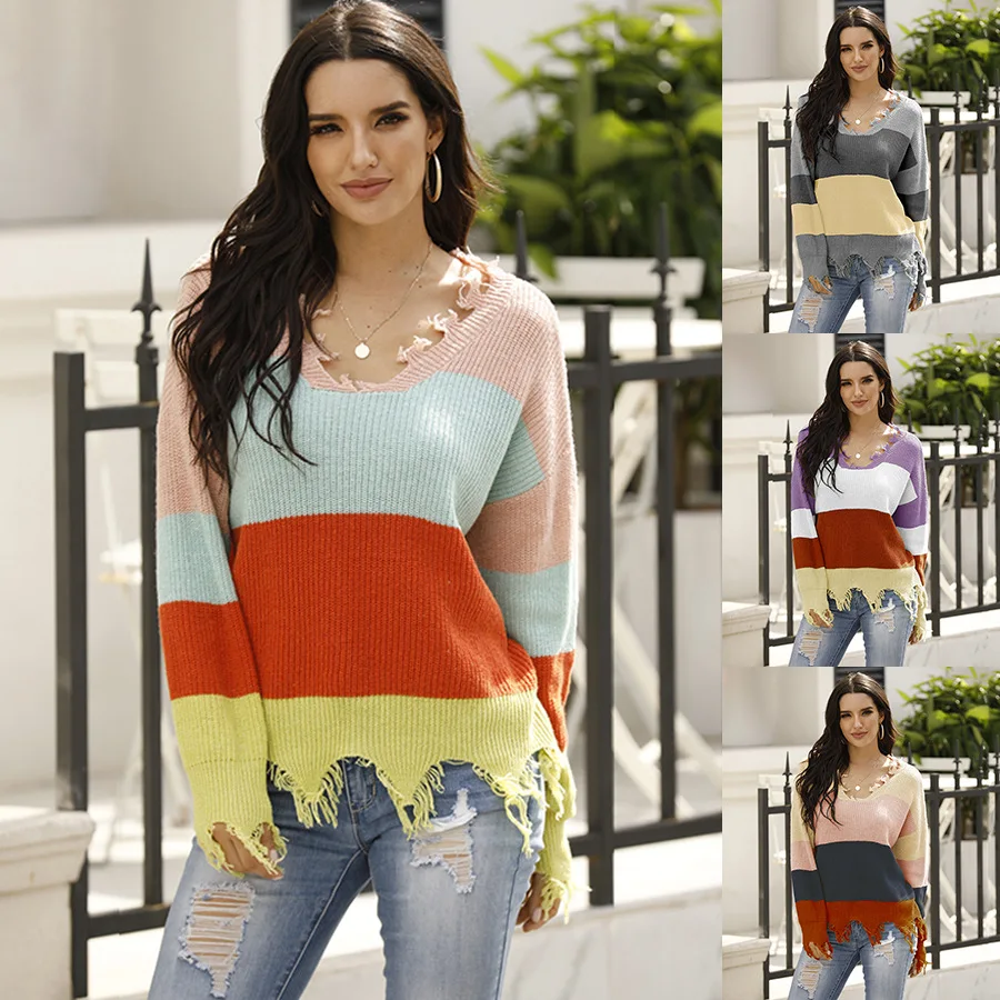 

2020 Fall/winter Tattered Sweaters Women Lazy Style Stripe Patchwork Contrast Pullovers Casual Long Sleeve V-neck Jumper Top