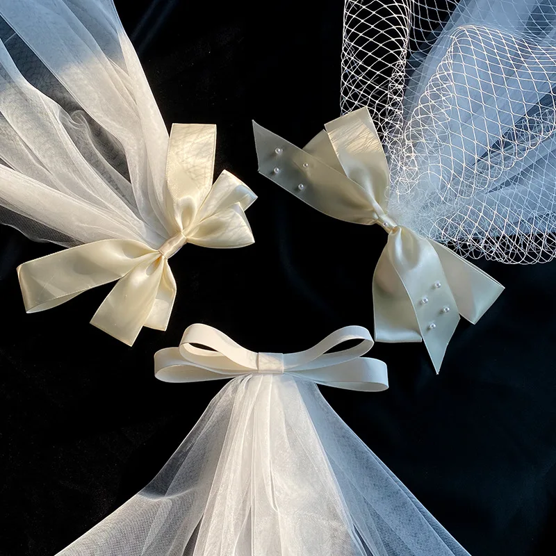 Bow Veil Wedding Trip Shoot Photo White Satin Mesh Barrettes Bridal Hair Accessories