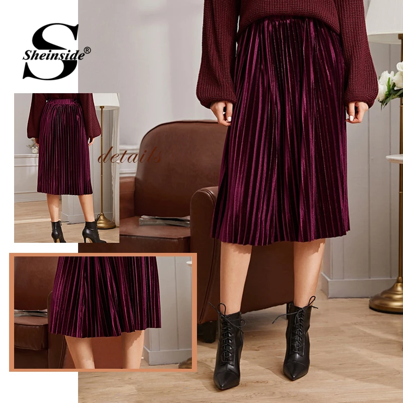 Sheinside бордовая элегантная плиссированная юбка с высокой талией для женщин зимняя бархатная трапециевидная юбка женская однотонная Минималистичная юбка миди