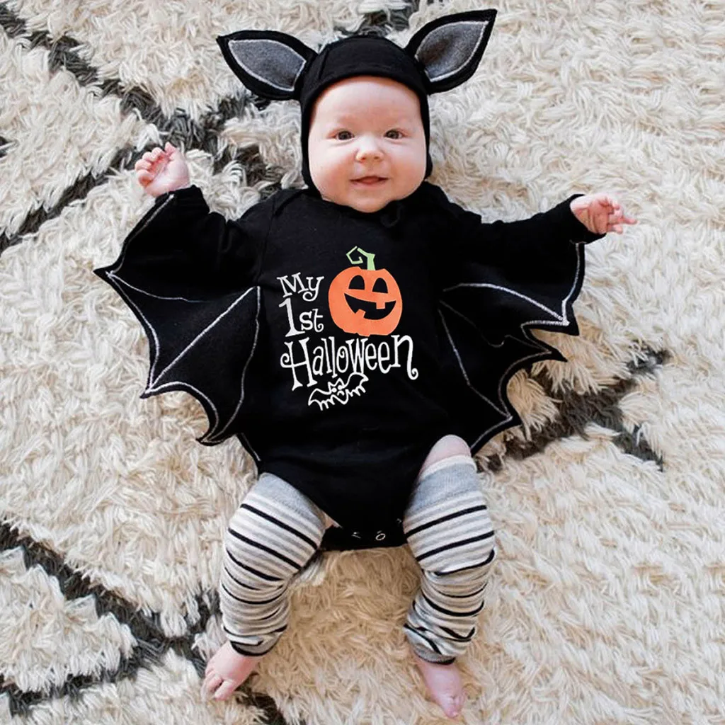 Winter Festival-wear Clothes Newborn Baby Boys Girls Halloween Cosplay Costume Pinrt Romper Bodysuit+Hat Outfits For 6-18M