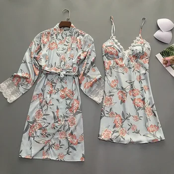 

Summer Night Robe Sexy Women 2PC Strap Top Suit Sleepwear Sets Casual Pajamas Home Wear Nightwear Sleep Kimono Bath Gown