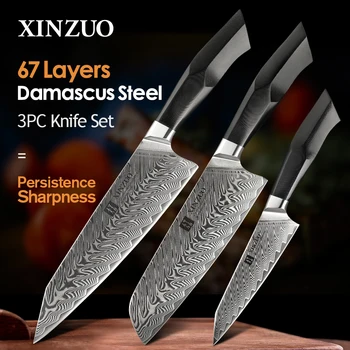 

XINZUO 3 Pcs Knife Sets Damascus Steel VG10 Core Blade Razor Sharp Kitchen Santoku Knives G10 Handle Meat Slicer Cutting Knife