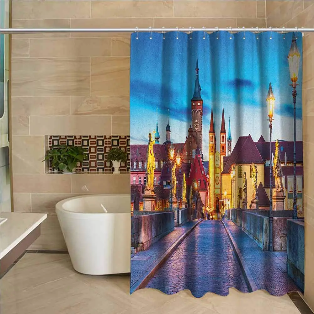 

Urban Hotel Quality Polyester Shower Curtain Colorful Sunset Evening View of Old Main Bridge in Historical Land Bavaria Germany