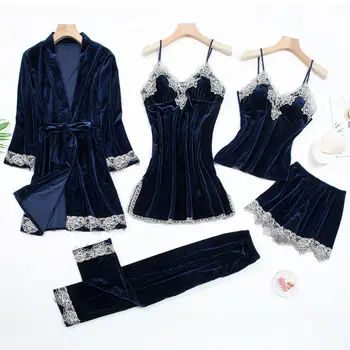 

2020 Women Faux Silk Dressing Gown 4/5 Piece Sexy Pajamas Set Lace Sling Shorts Summer Robe Sleepwear Home Wear with chest pad