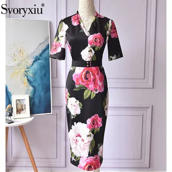 

Svoryxiu Fashion Designer Summer Party V-Neck Dress Women's Short Sleeve Big Peony Flower Print Black Pack Hip Dresses Vestdios