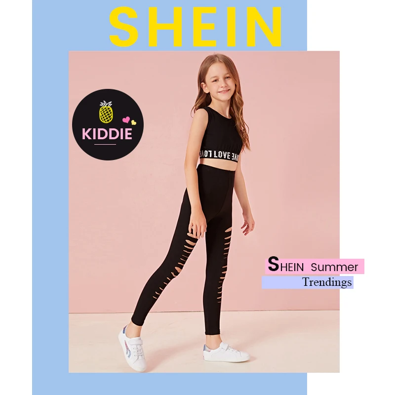 SHEIN Kiddie/черные однотонные обтягивающие леггинсы для девочек, необработанный край детские штаны г., осенняя одежда для активного отдыха брюки для подростков с эластичной резинкой на талии