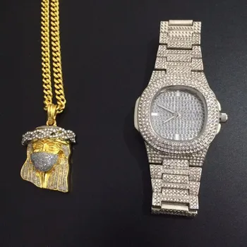 

Hip Hop Men Jewelry Stylish Watch &Necklace Combo Set Ice Out Cuban Watch Big Jesus Pendant Cuban Crystal Miami Hip Hop for Men