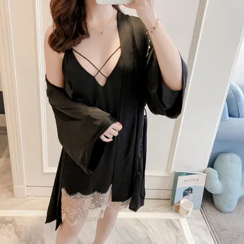 

Women Satin Nightdress Kimono Bathrobe Gown Sexy Lace 2PCS Nighty&robe Set Sleepwear Spring Summer New Nightwear Home Clothes