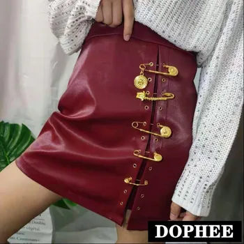 

New 2020 Woman Spring Fall High Waist Slim Faux Pu Leather Skirt Big Golden Pin Decoration Short Leather Skirt Student Girls