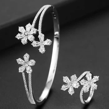 

GODKI Luxury Flower Bangle Ring Sets Cubic Zirconia CZ Dubai Bridal Jewelry Sets For Women Wedding brincos para as mulheres 2020