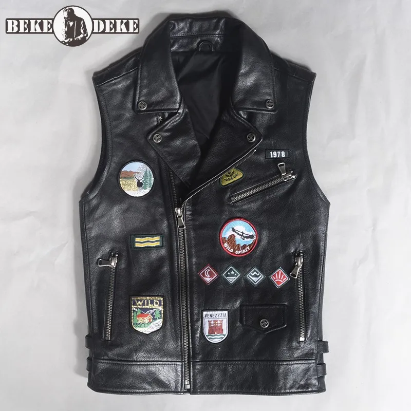 

Personality Motorcycle Biker Genuine Leather Vests Men Zip Embroidery Cowhide Waistcoat Punk Style Mens Sleeveless Vest Jacket