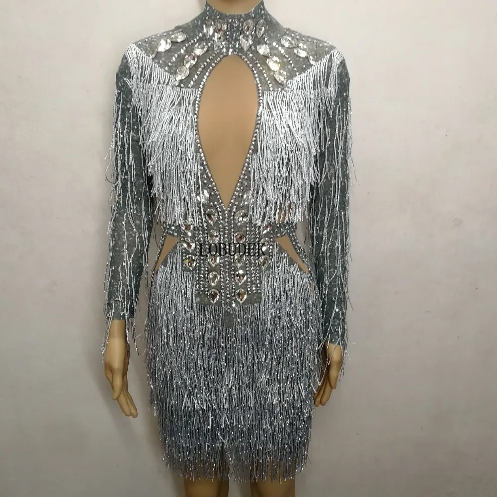 mesh Bling Rhinestones Silvery Tassels Dress Sexy Glass Diamond Short Women Singer Party Stage Wear Celebration Dresses | Тематическая
