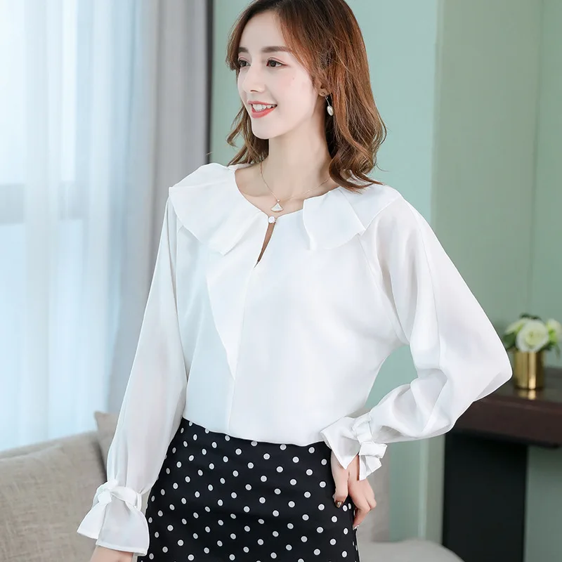 

New Korean version of women's Spring and summer pure color chiffon Blouse Lotus leaf edge long-sleeved chiffon blouse