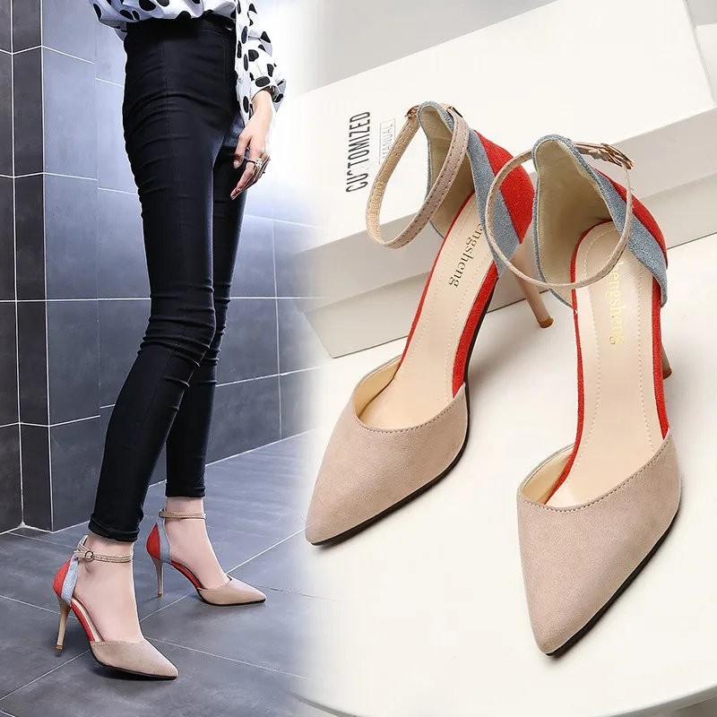 

New Style Thin Heeled Europe And America Mixed Colors Straight-line Buckle Shoes Women's Hallow Pointed Sandals Women's Suede Hi