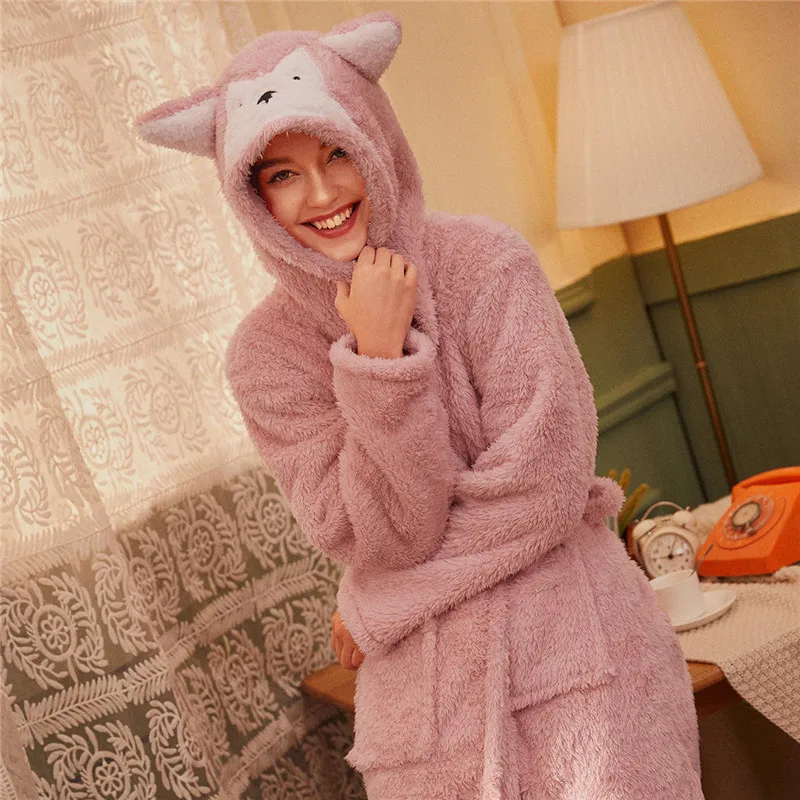 ROMWE розовый плюш лиса с капюшоном халат с поясом пижамы милые зимние пижамы женские длинные Pj дамы карман сплошной одежда для сна