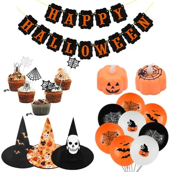

Happy Halloween Paper Banner Spider Web Cake Topper Bat Pattern Latex Balloon Pumpkin Night Light Halloween Party Decor Supplies