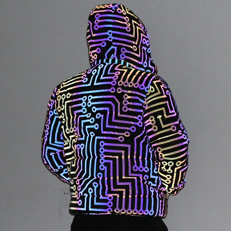 Men Clothing Winter Coat Laser Colorful Circuit Pattern Reflective Coat Japanese Trend Men's Large Size Loose Thick Coat