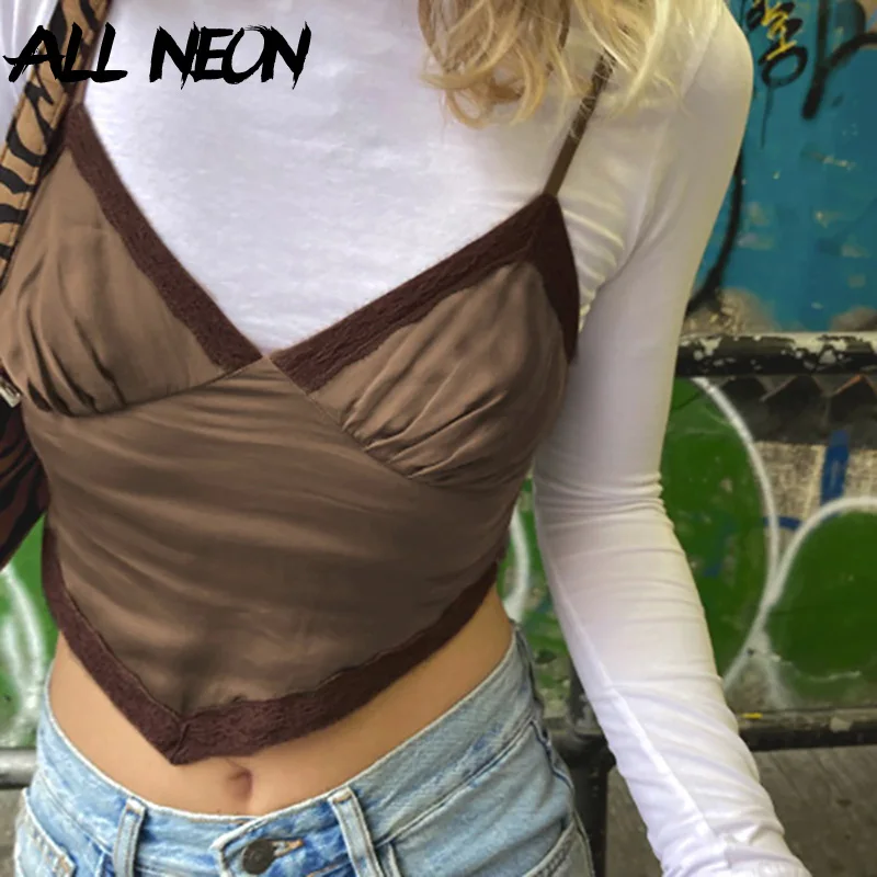 

ALLNeon 2000s Aesthetics Lace Trim Brown Cami Tops E-girl Vintagr Backless Spaghetti Strap Cropped Tops Y2K Outfits Streetwear