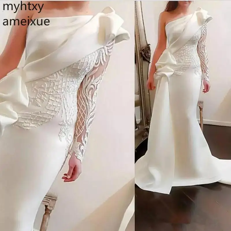 

Elegant One Shoulder Mermaid Evening Dresses 2019 White Long Sleeves Gowns Satin Ruched Ruffles Applique Formal Dress Plus Size