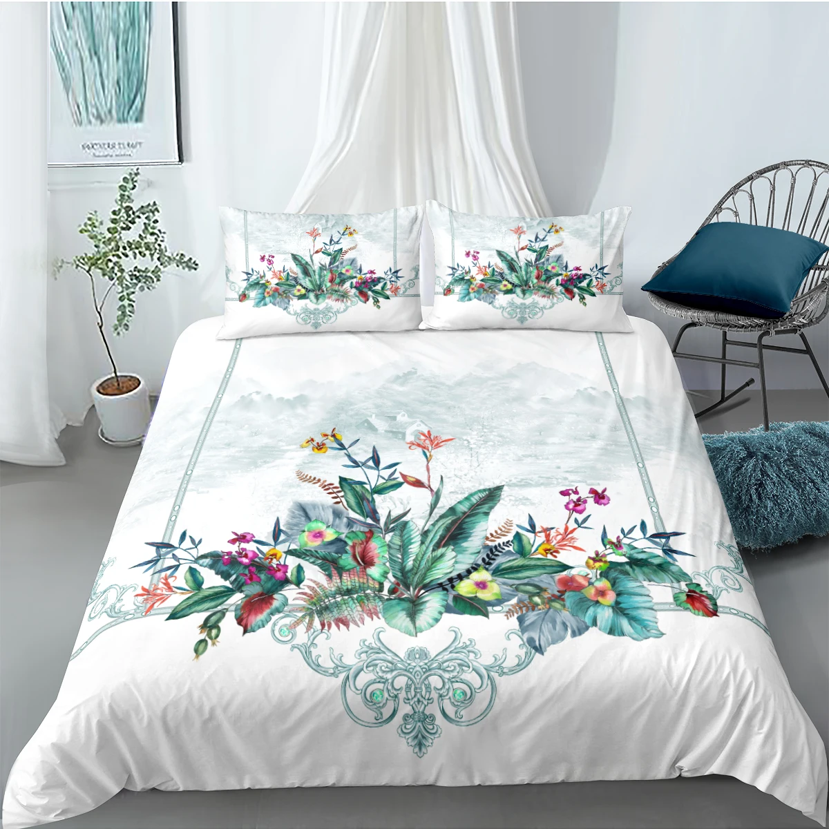 

3D White Bed Linen Plant and Flower Duvet Cover Sets Pillow Shams Full Double Single Twin Queen King Size 180*210cm Beddings