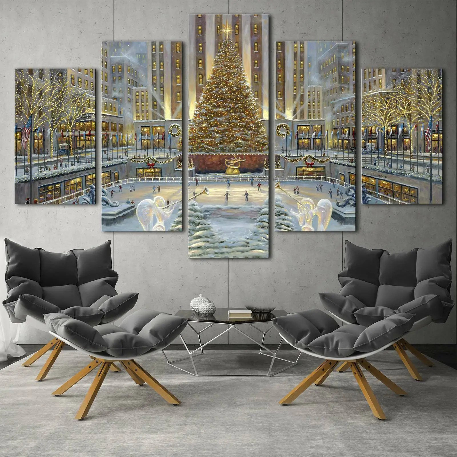 5pcs Modern Home Wall Decor Yellow Night New York Winter Holiday Canvas Picture Art HD Print Painting On Canvas for Living Room 100% hand painted golden blue abstract feather oil painting on canvas painting home wall art picture for living room home decor