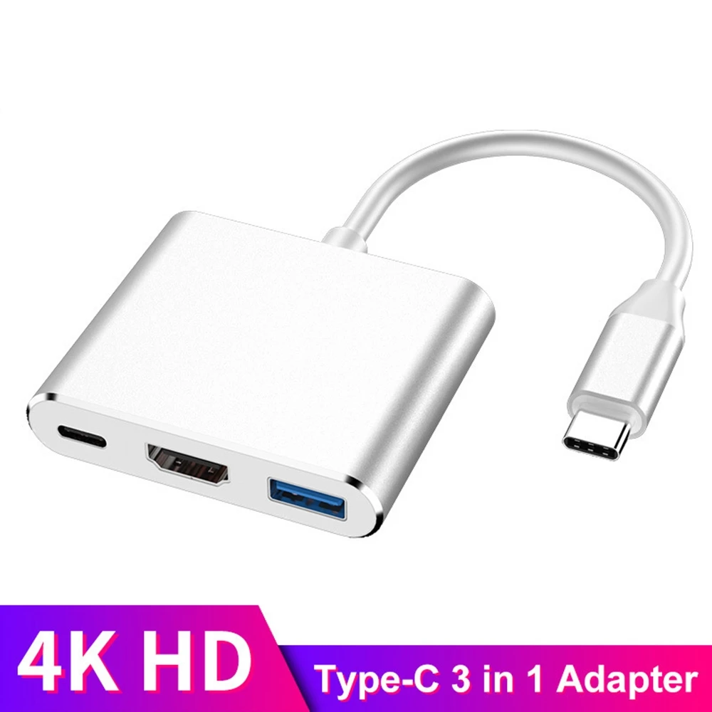 Tebe Тип с разъемами типа C и HDMI 3-в-1 конвертер голова USB 3,0 4K HDMI Быстрая зарядка PD высокая производительность Smart Hub для MacBook - Цвет: Silver