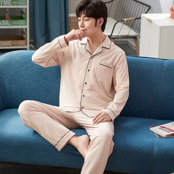 

Autumn Winter 100% Cotton Pijama for Men 2 Pieces Lounge Sleepwear Pyjamas Gray Bedgown Home Clothes Man PJs Cotton Pajamas Set
