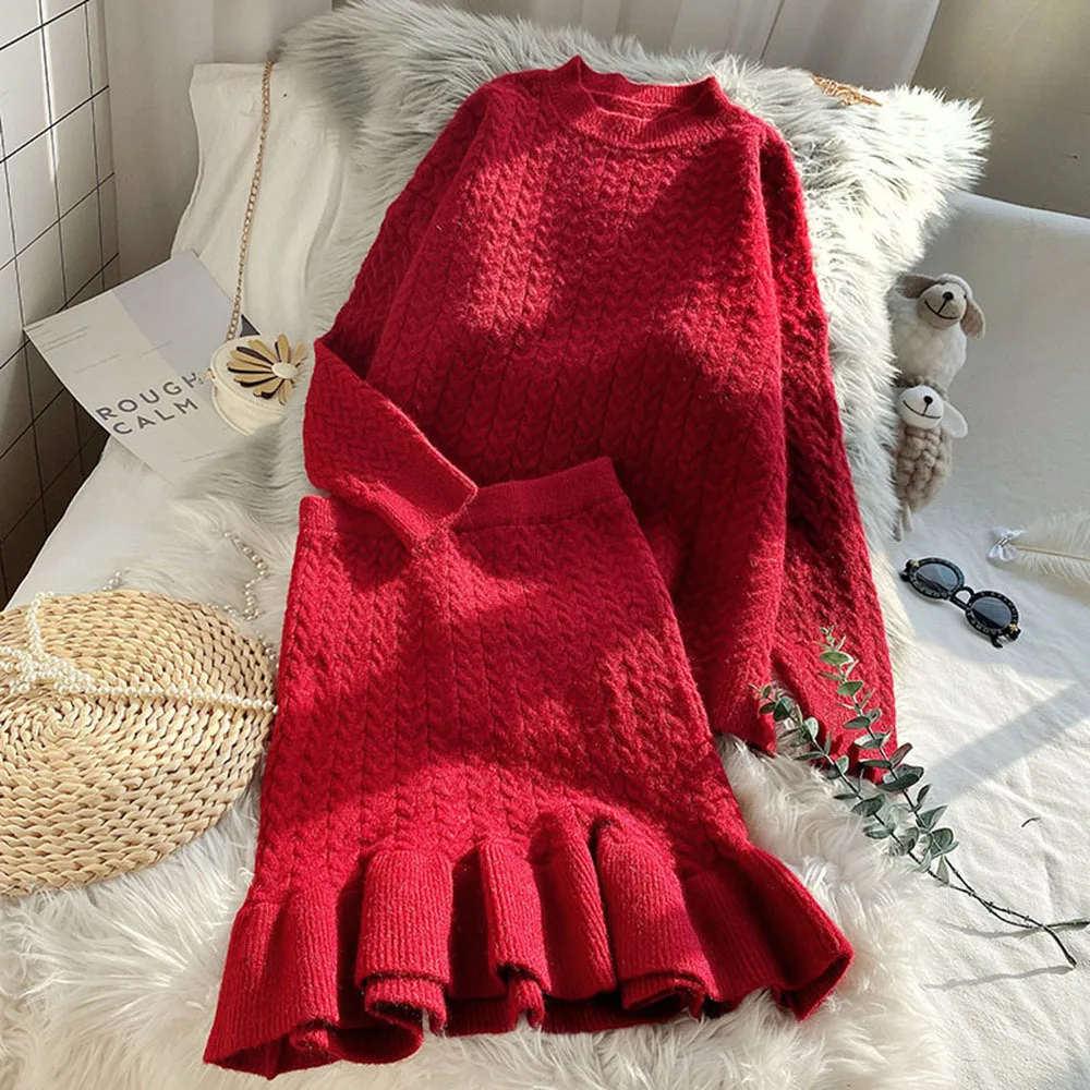 Woman 2021 knitting Suit Skirt Two-piece Autumn Winter Pullover Tops + Short Sweater Chic Lotus Leaf Hem |