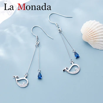 

100% 925 Solid Real Sterling Silver Whale Long Earrings Dangle Zircon Animal Jewelry For Wife Best Friend Daughter Gift