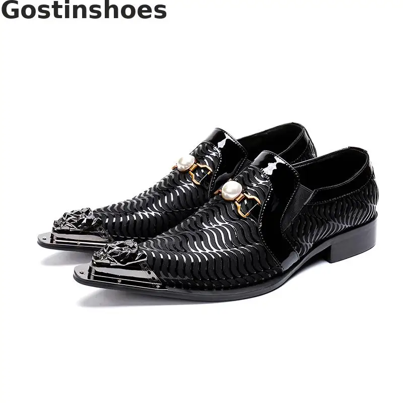 

Classic Style Men Leather Shoes Genuine Leather Striped Metal Cap Toe Pointed Set Foot Men Office Shoes Casual Business Shoes