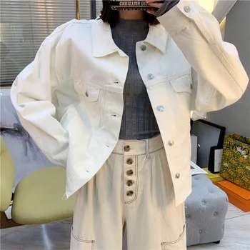 

Women Denim Jacket White Letter Embroidery Cut Hem Outerwear Casual Long Sleeve Autumn Winter Coat