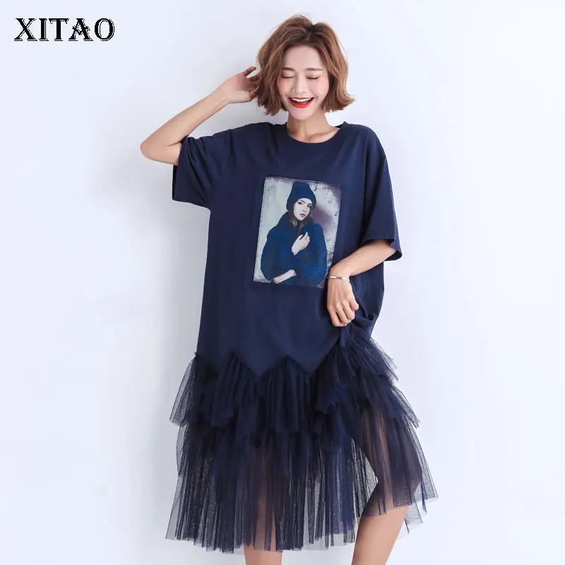 [XITAO] женское платье из двух частей, весна-лето, корейское модное Сетчатое платье с коротким рукавом и круглым вырезом и принтом, DLL2979