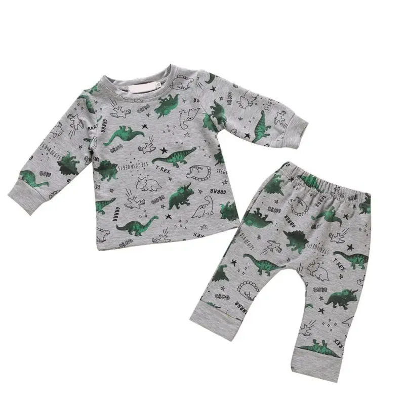 

New Warm Baby Boys Clothes Set Long Sleeve Cartoon Print T-shirt Tops Striped Pants Trouser Baby Clothes Set for Infants 0-2Y
