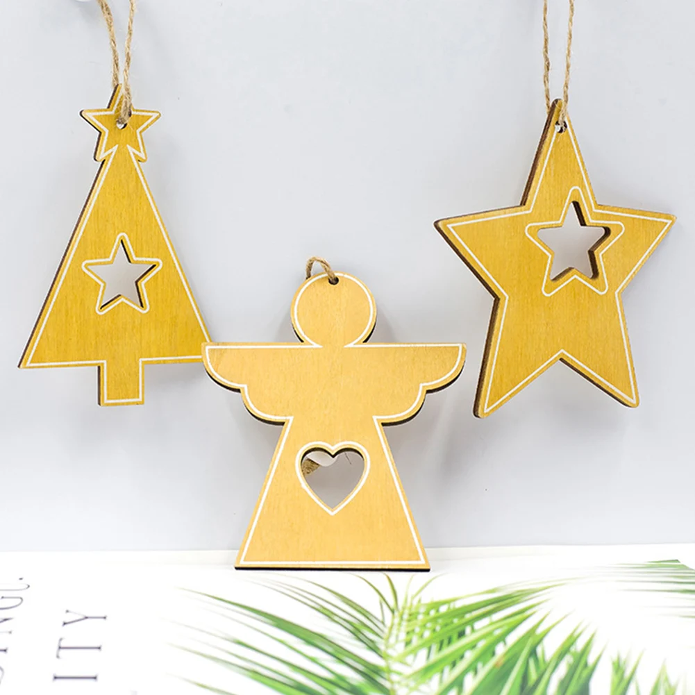 

12pcs Wooden Plaque Door Pendants Christmas Ornament Hotel Bar Tree Hanging Star Heart Angel DIY Office Festival Party Home