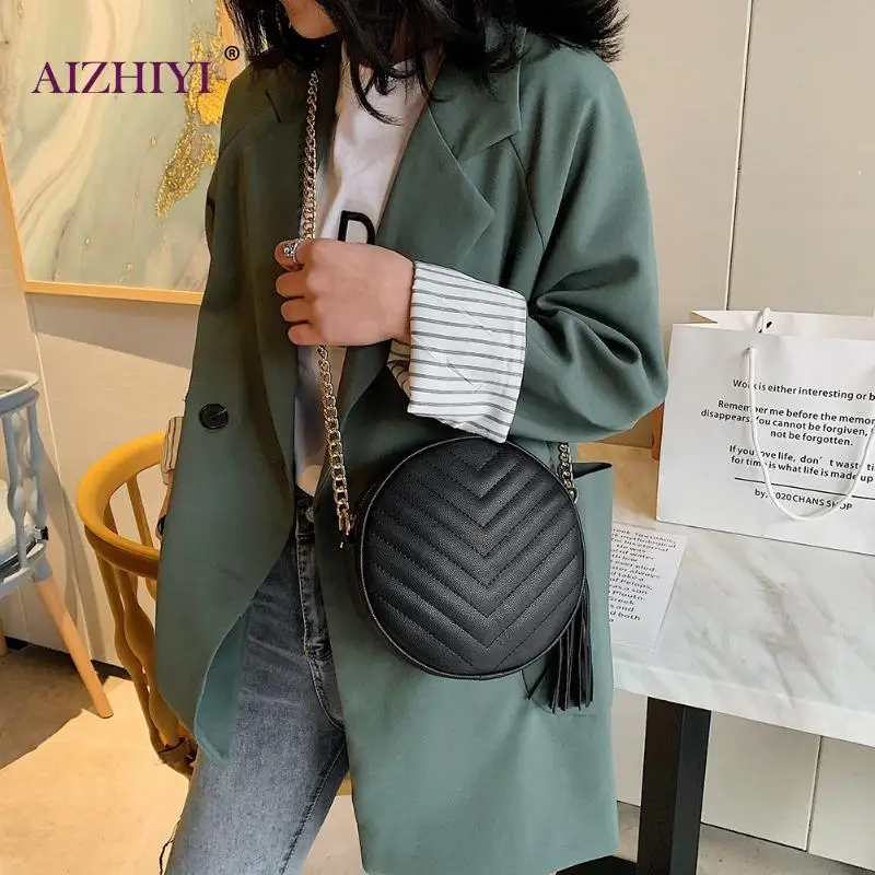 

Round Chain Crossbody Bags for Women 2020 Fashion Quality PU Leather Shoulder Bags Lady Tassel Purse Solid Color Messenger Bag