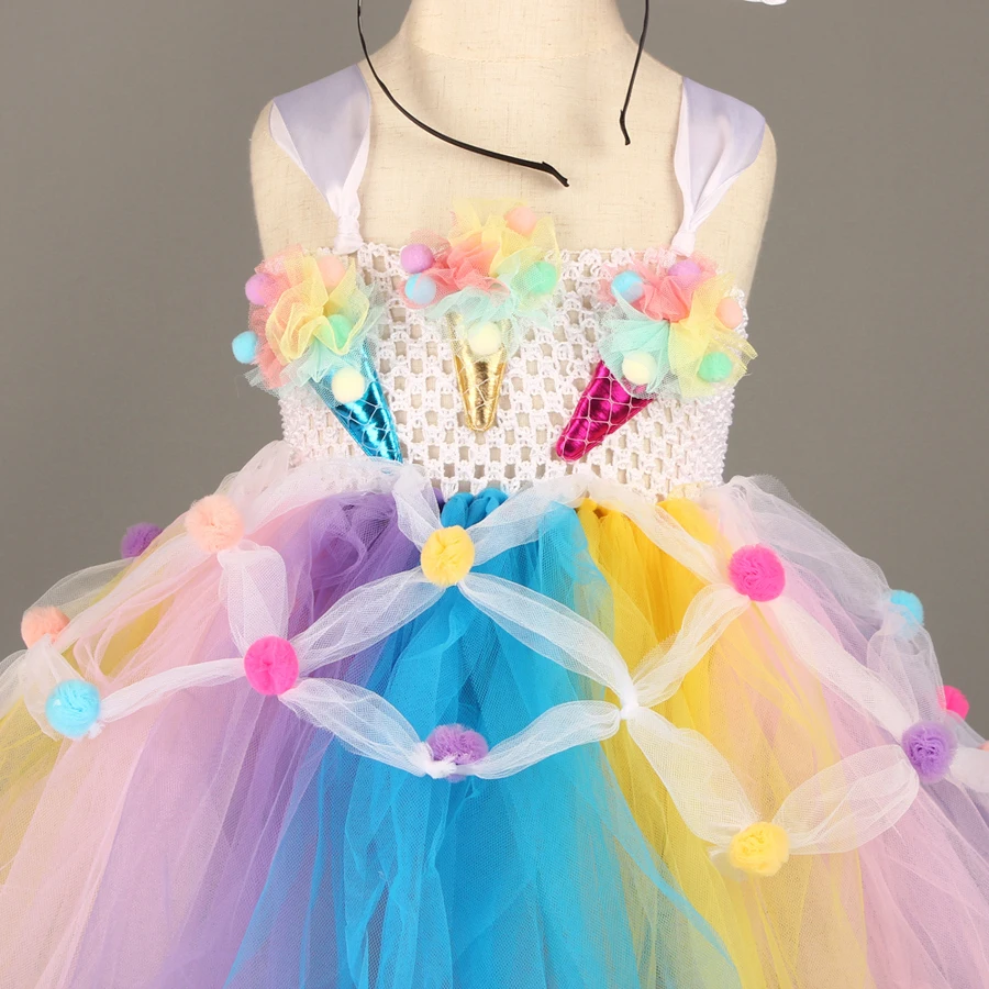 Ice Cream Applique Girls Tutu Dress with Bow Pom-pom Design Kids Sweet Birthday Party Holiday Tulle Dress Children Food Costume (13)
