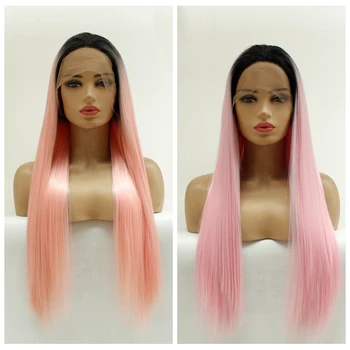 

Synthetic Hair Glueless Pink Ombre Wig Straight Synthetic Lace Front Wig Natural Density High Temperature Fiber For All Women
